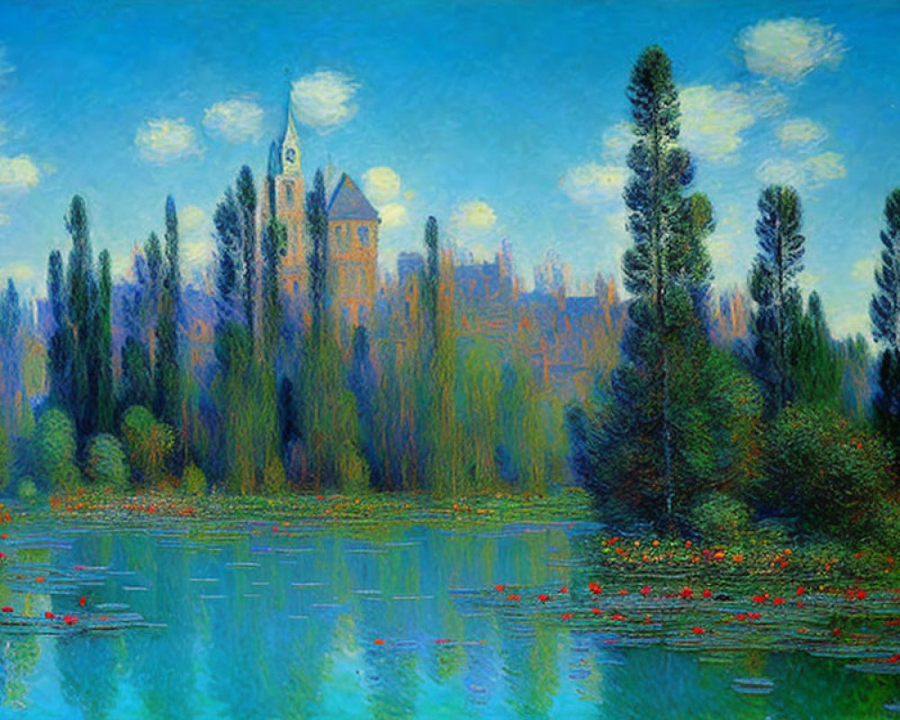 Serene landscape painting with castle, trees, and red water lilies