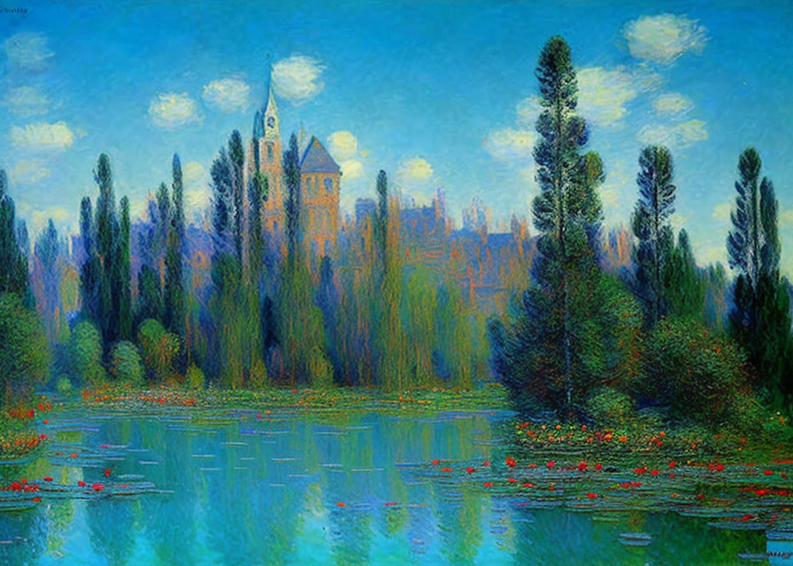 Serene landscape painting with castle, trees, and red water lilies