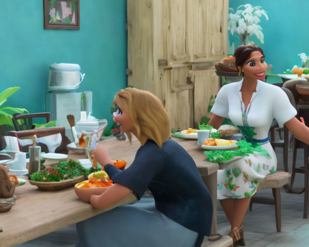 Two animated female characters in a rustic kitchen, one peeling oranges, the other smiling by a wooden