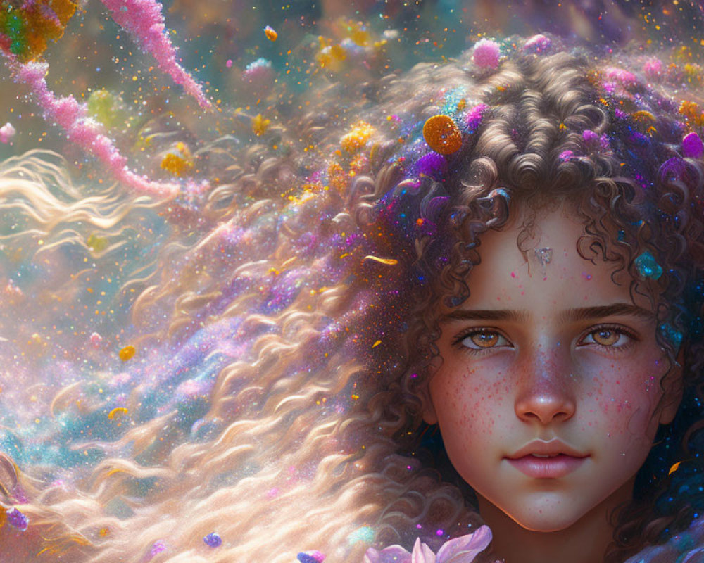 Curly-Haired Girl in Colorful Fantasy Background with Flowers