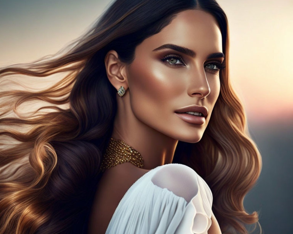 Digital illustration of woman with flowing brown hair and striking makeup in white outfit