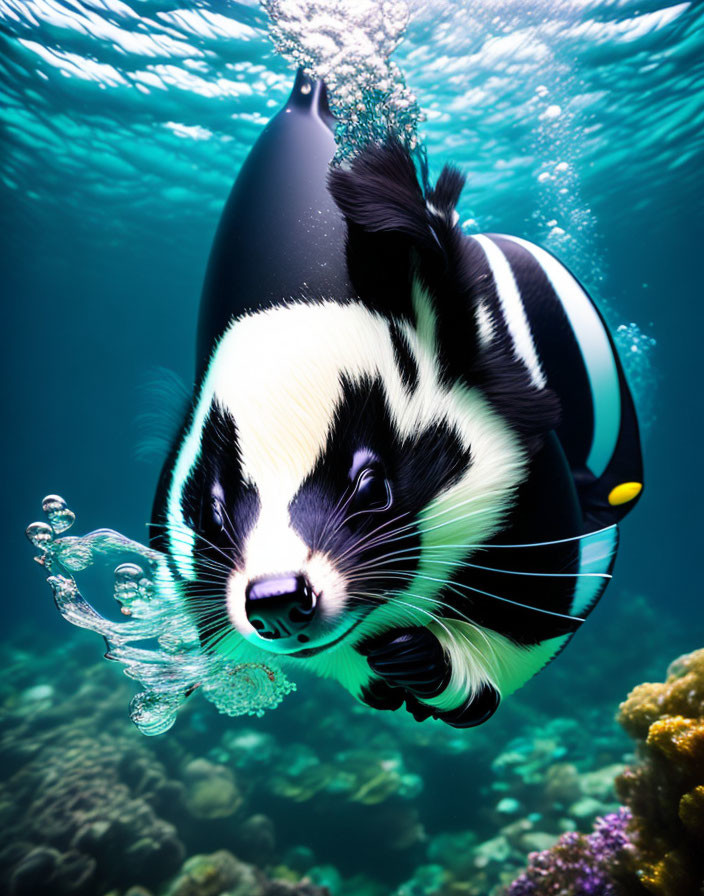 Illustration: Whimsical badger with fish-like features swimming among coral reefs.
