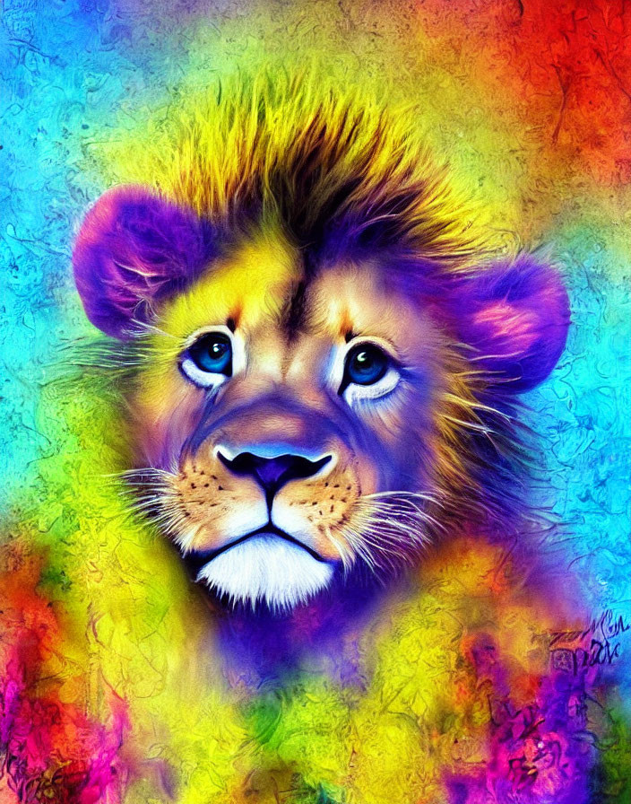 Colorful Lion Portrait with Vibrant Blues, Purples, Yellows, and Reds
