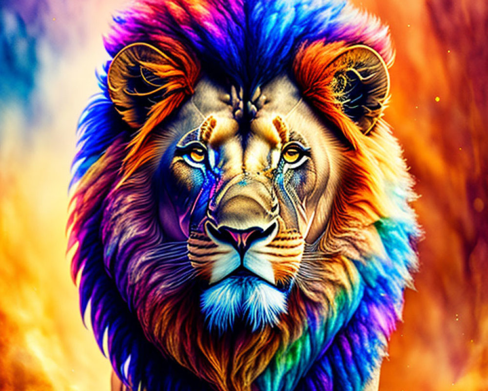 Colorful Lion Head Illustration Against Abstract Fiery Background