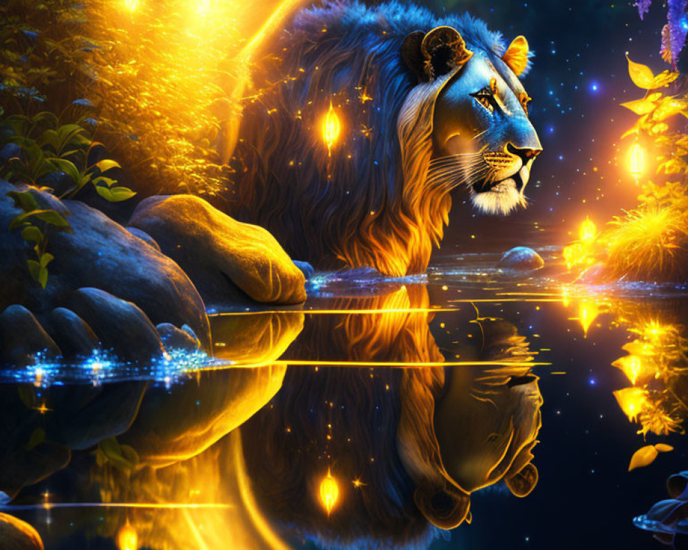 Majestic lion with blue face in enchanted forest with glowing butterflies