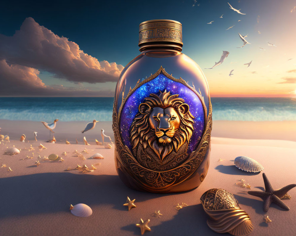 Intricately Designed Lion Emblem Bottle on Sandy Beach at Sunset
