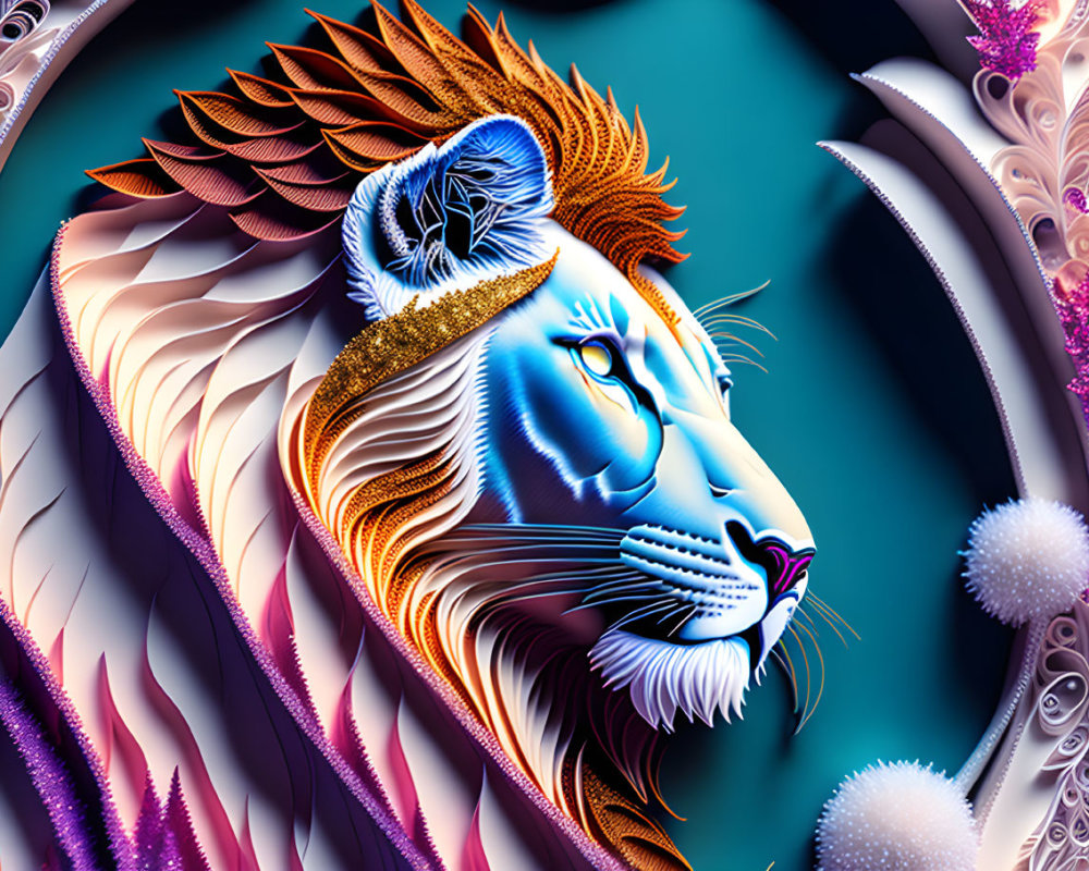 Colorful Stylized Lion Art in Orange and Blue with Golden Accents on Teal Background