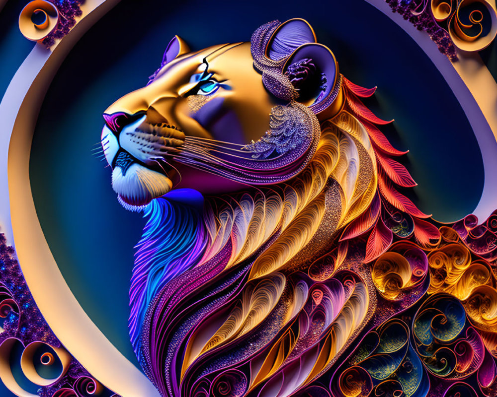 Colorful Stylized Lion Artwork with Swirls on Dark Blue Background