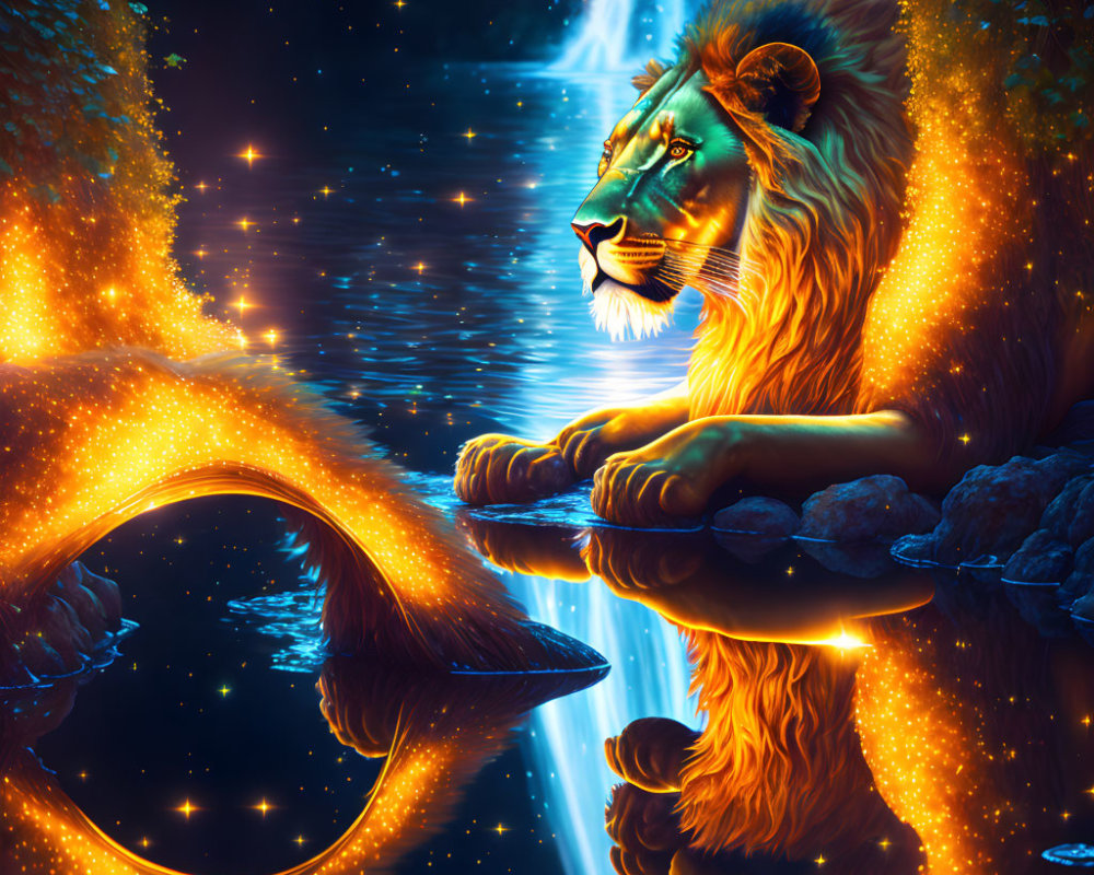 Majestic lion with glowing mane by tranquil river at starry night