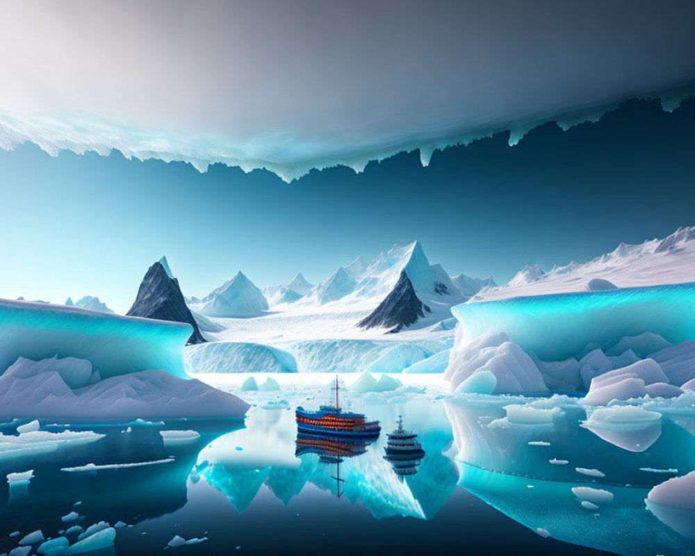 Ships navigating icy waterscape with floating icebergs