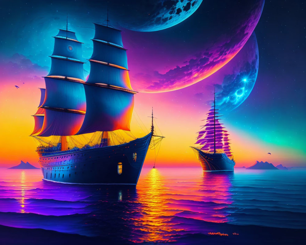 Majestic ships on vibrant ocean under purple moon