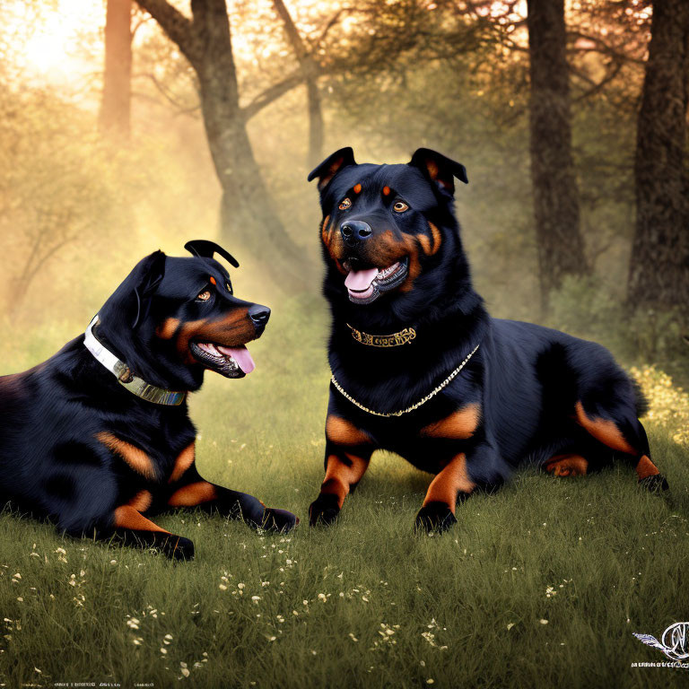 Two Rottweilers in Sunlit Forest Clearing