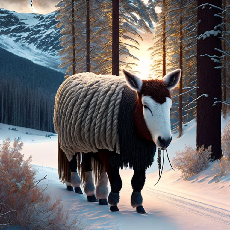 Illustration of sheep-bodied animal with donkey face in snowy forest at sunset