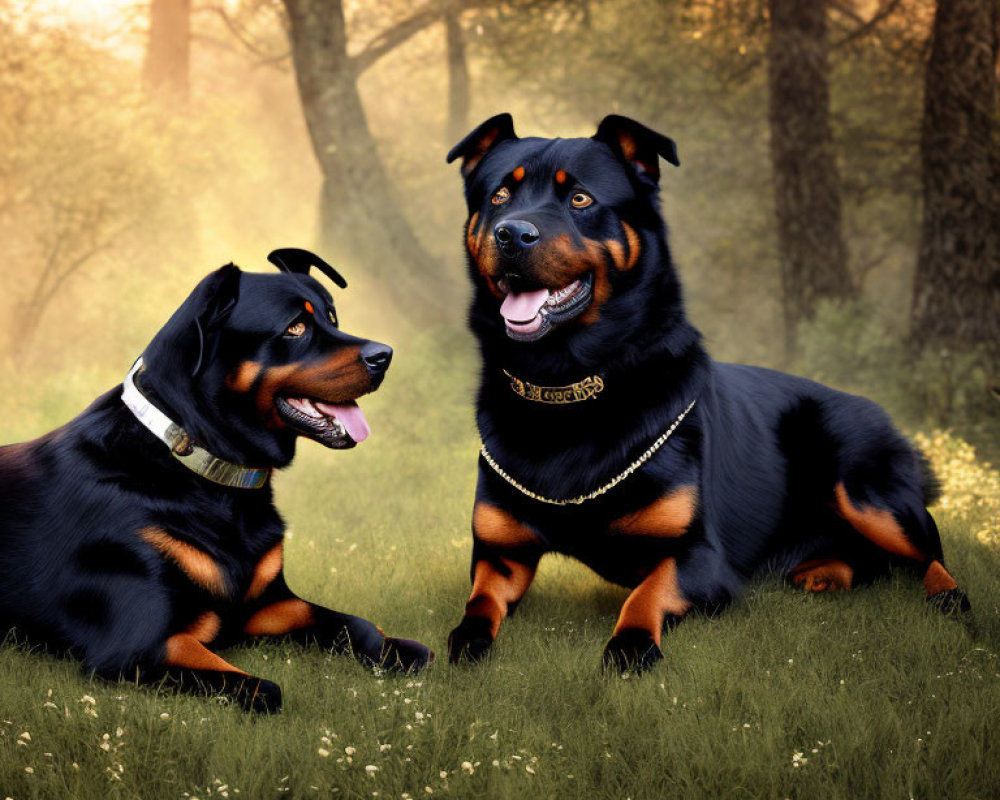 Two Rottweilers in Sunlit Forest Clearing