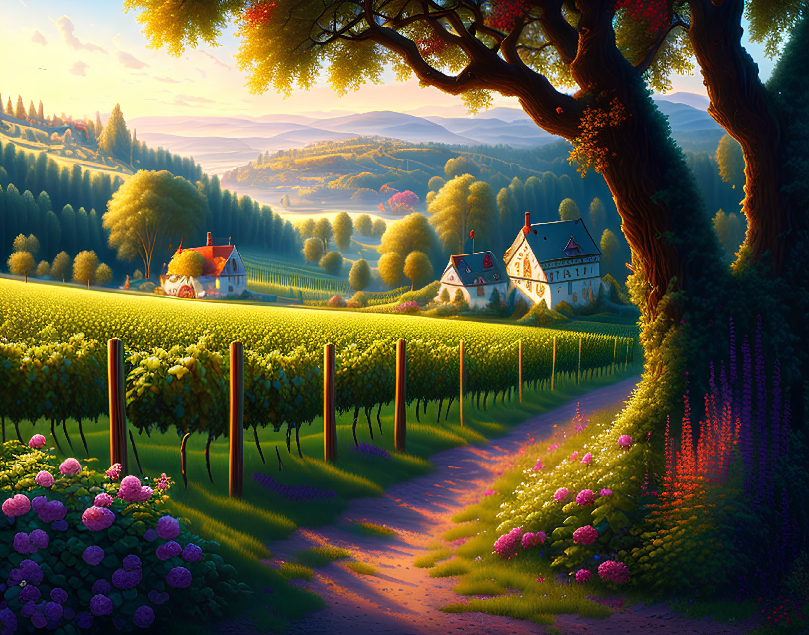 Tranquil sunset landscape with vineyards, tree, path, and rolling hills