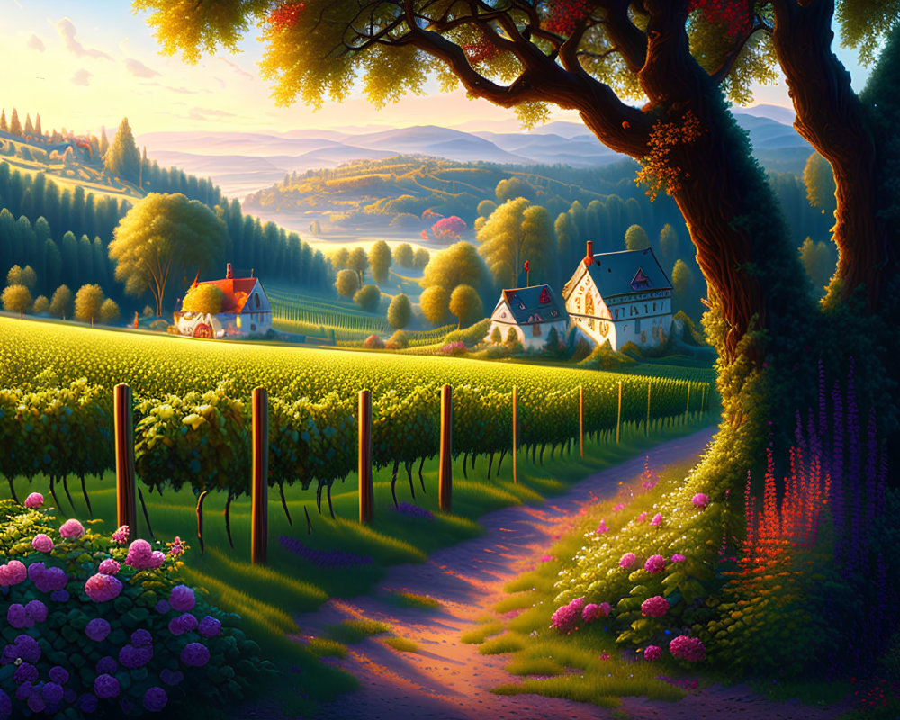 Tranquil sunset landscape with vineyards, tree, path, and rolling hills