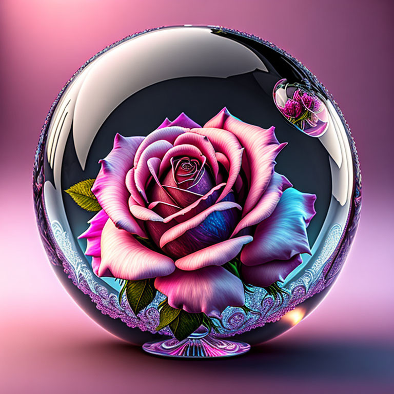 Colorful Rose Encased in Reflective Sphere on Gradient Background