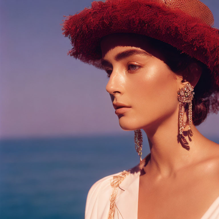 Woman in Red Hat with Sparkling Earrings by the Blue Sea