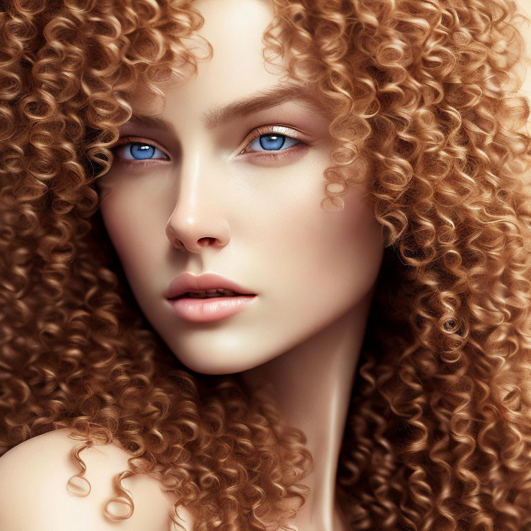 Portrait featuring person with voluminous curly hair and striking blue eyes.