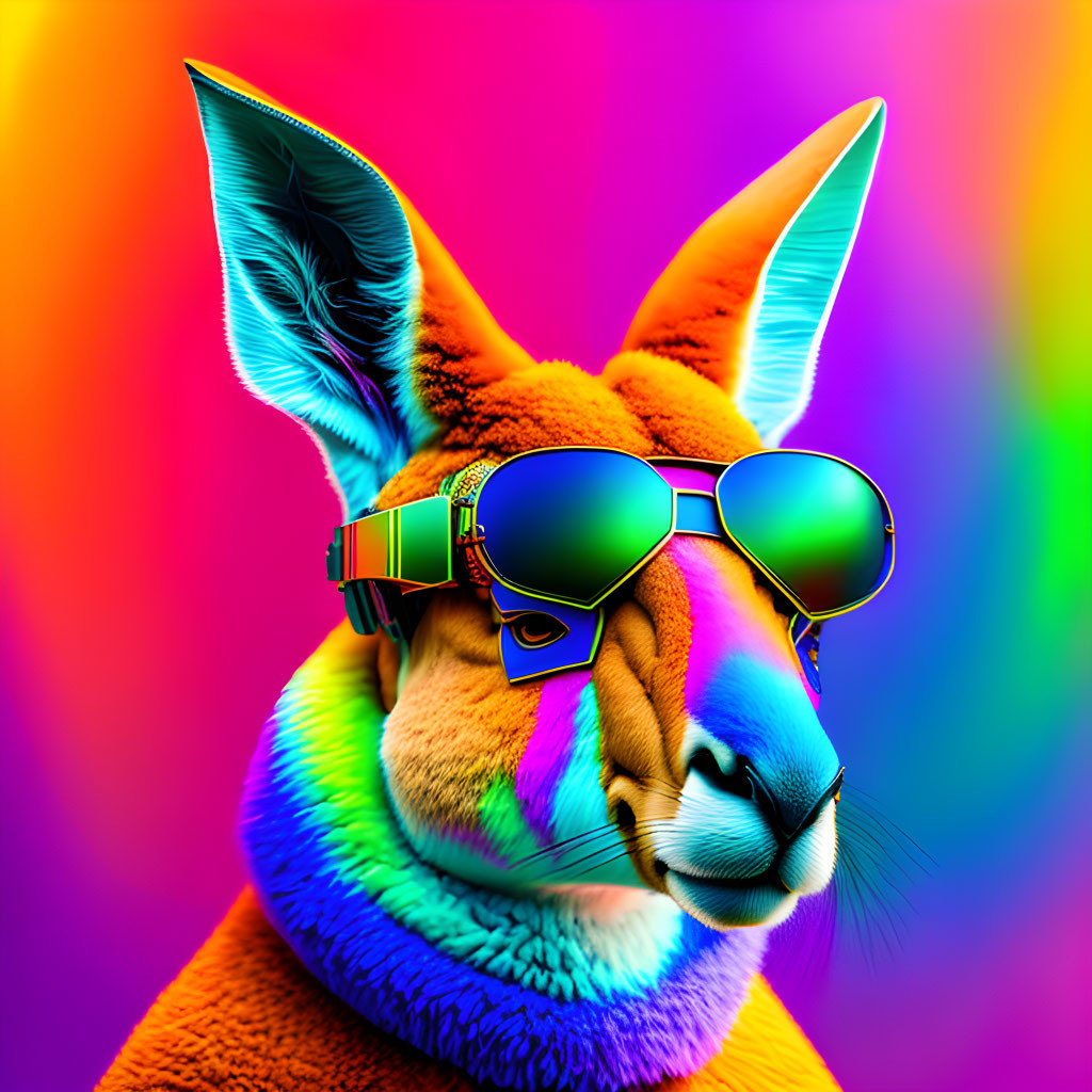 Stylized kangaroo with reflective sunglasses on rainbow background