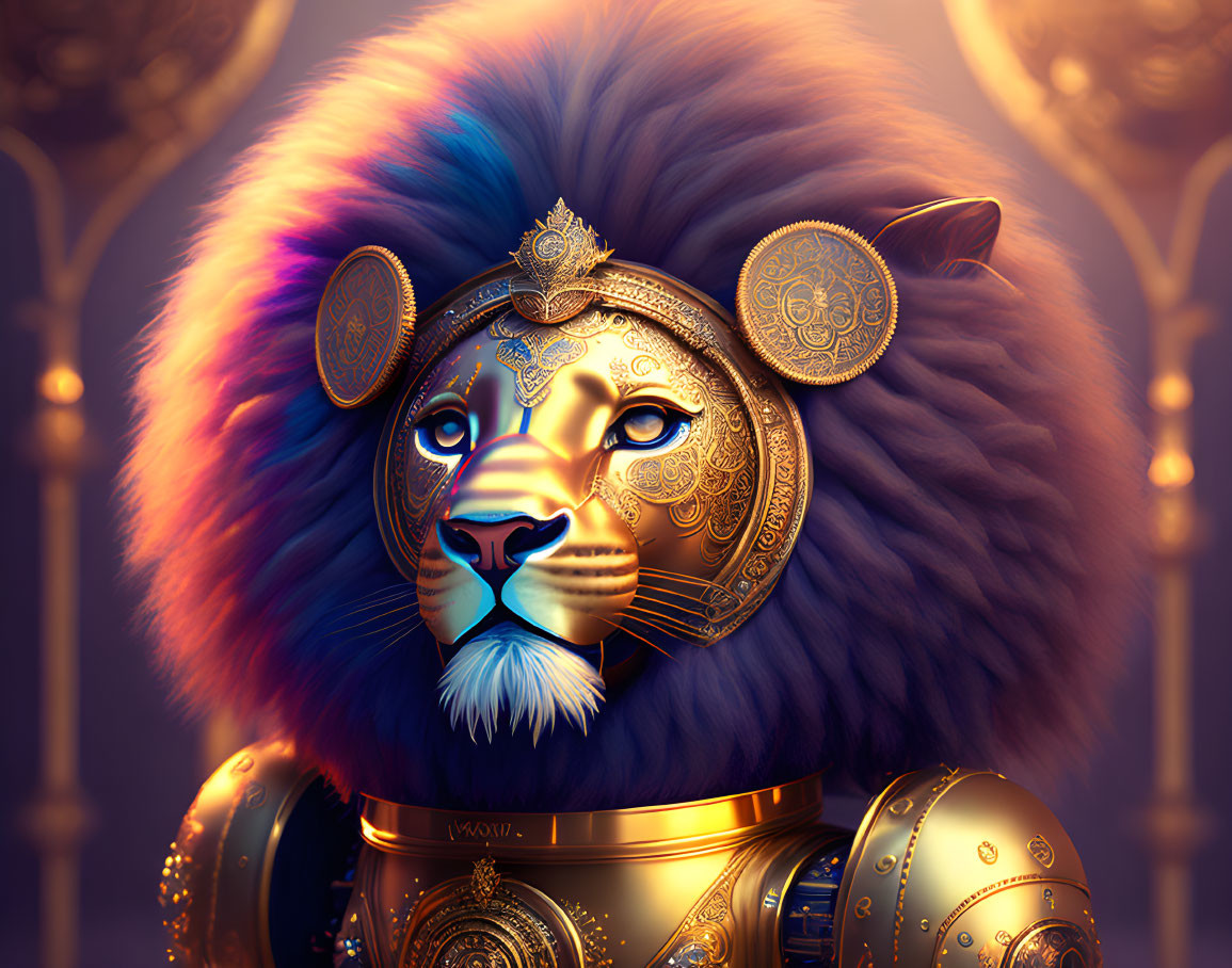 Majestic lion with vibrant mane in golden armor and jewelry