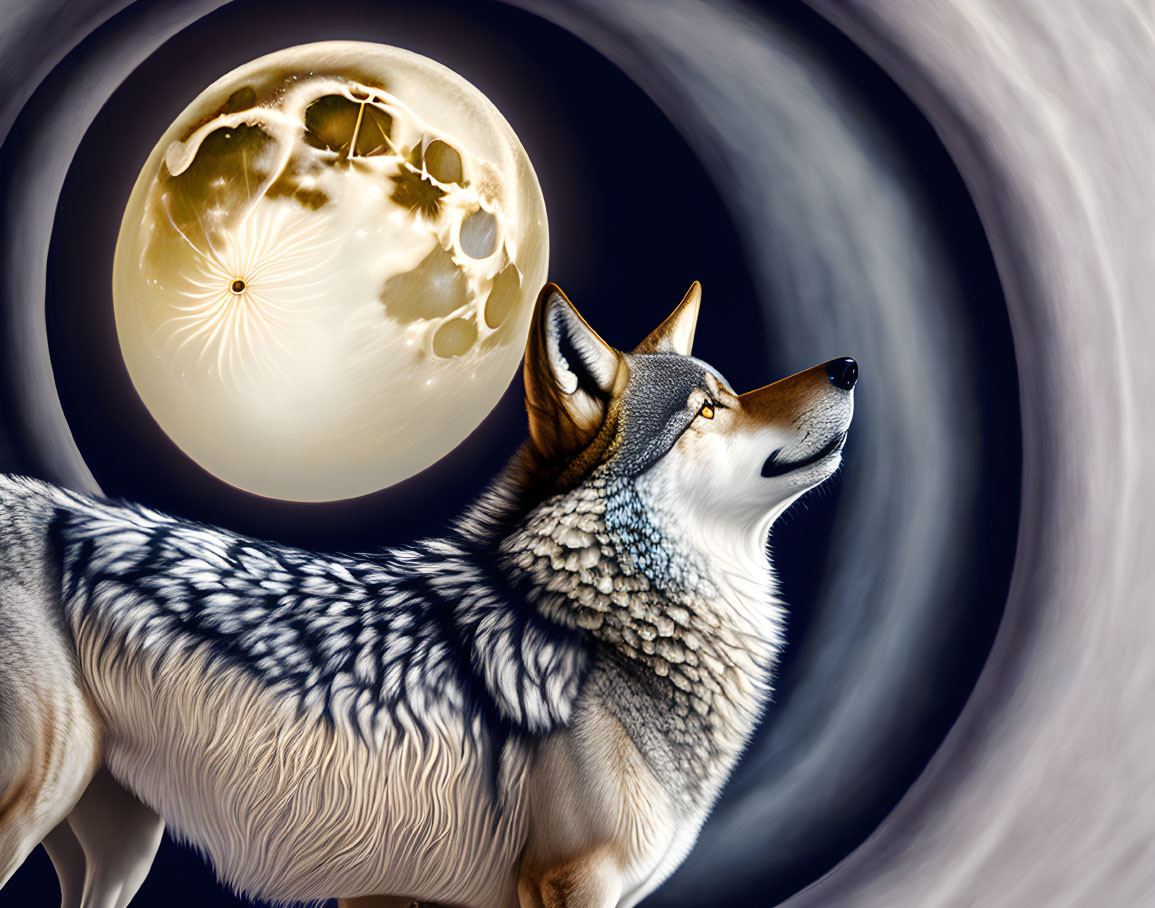 Profiled wolf against cosmic backdrop with full moon and celestial patterns.