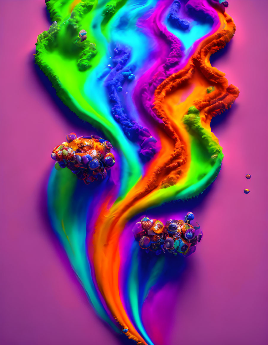 Swirling colors in purple, blue, green, orange, and pink with bubble-like formations