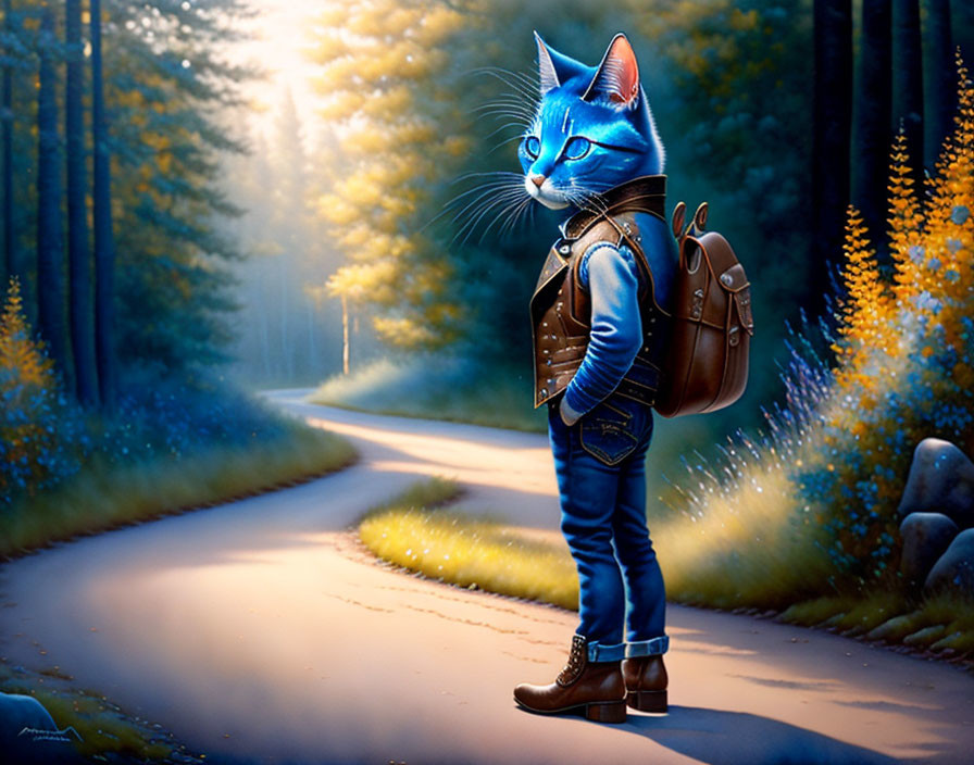 Blue anthropomorphic cat in leather jacket and jeans on sunlit forest path