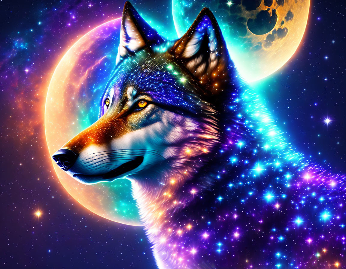 Vibrant cosmic wolf in celestial space scene