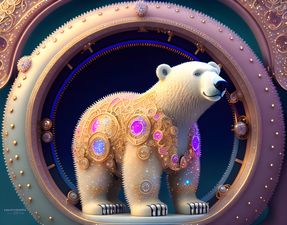 Mechanical polar bear adorned with gold and jewels in steampunk portal frame