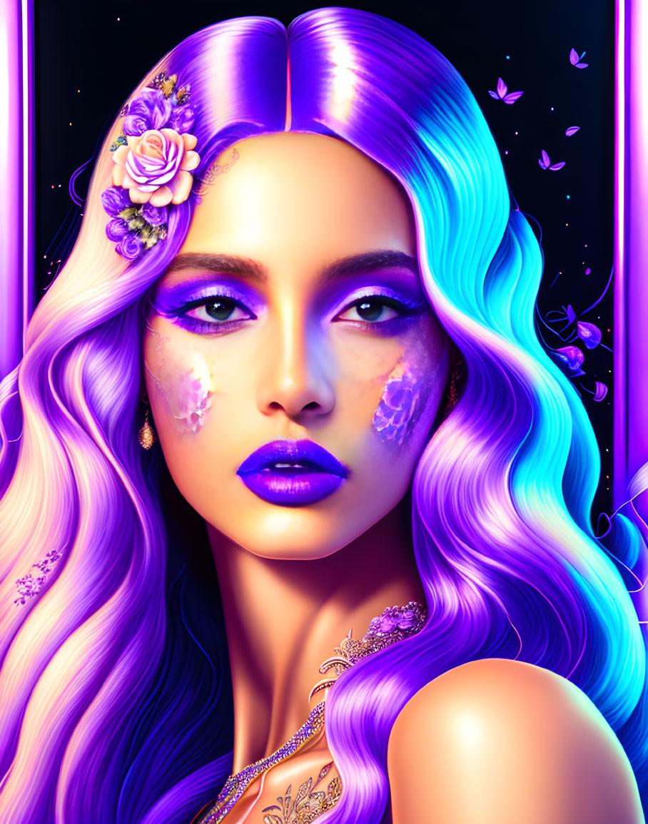 Digital Artwork: Woman with Lilac Hair and Butterflies on Purple Background
