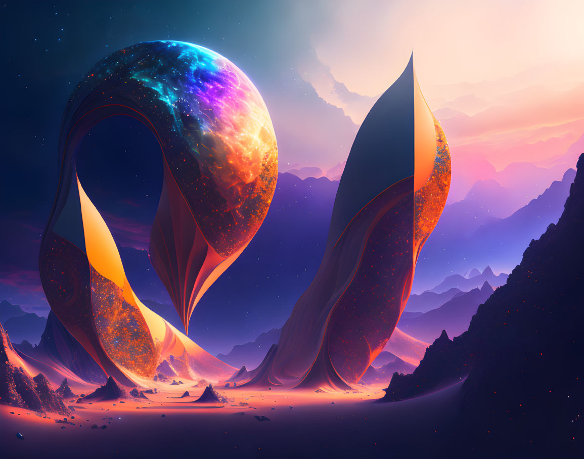 Alien landscape digital artwork with flame-like structures and colorful planet