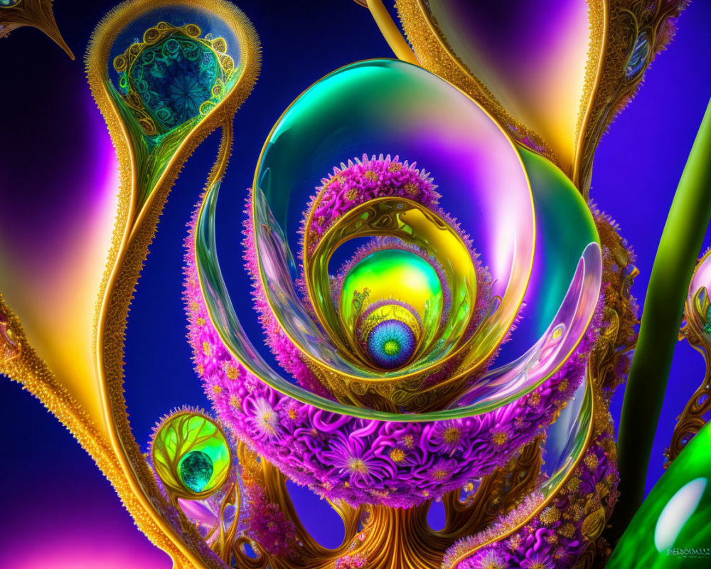 Colorful fractal art with intricate patterns in purple, green, and blue swirls on dark background