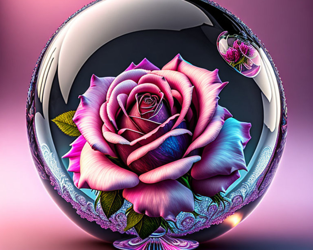 Colorful Rose Encased in Reflective Sphere on Gradient Background