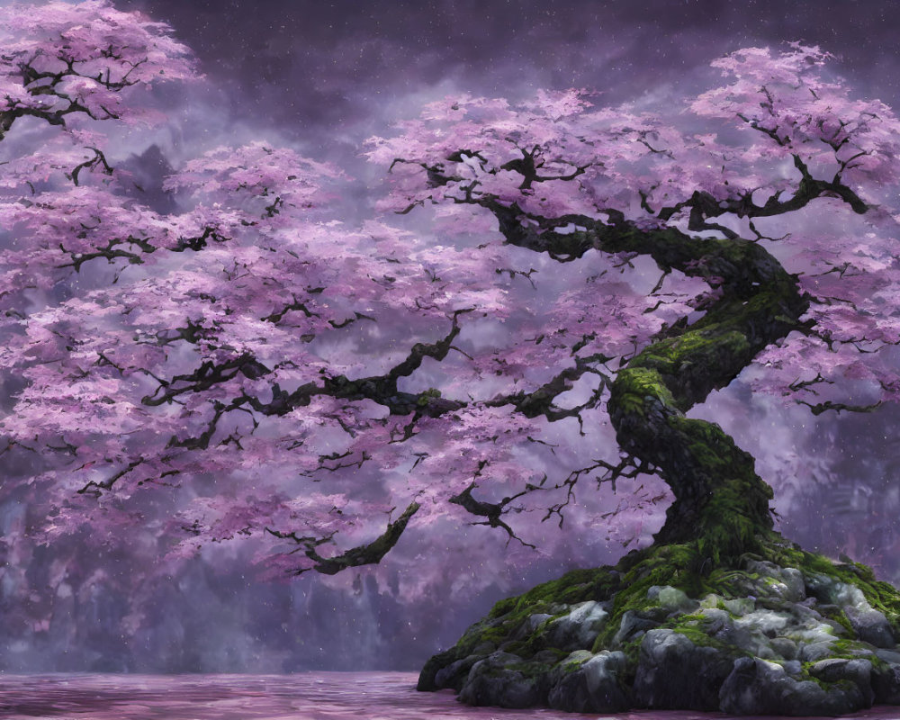 Vibrant pink cherry blossom tree under dreamy purple starry sky