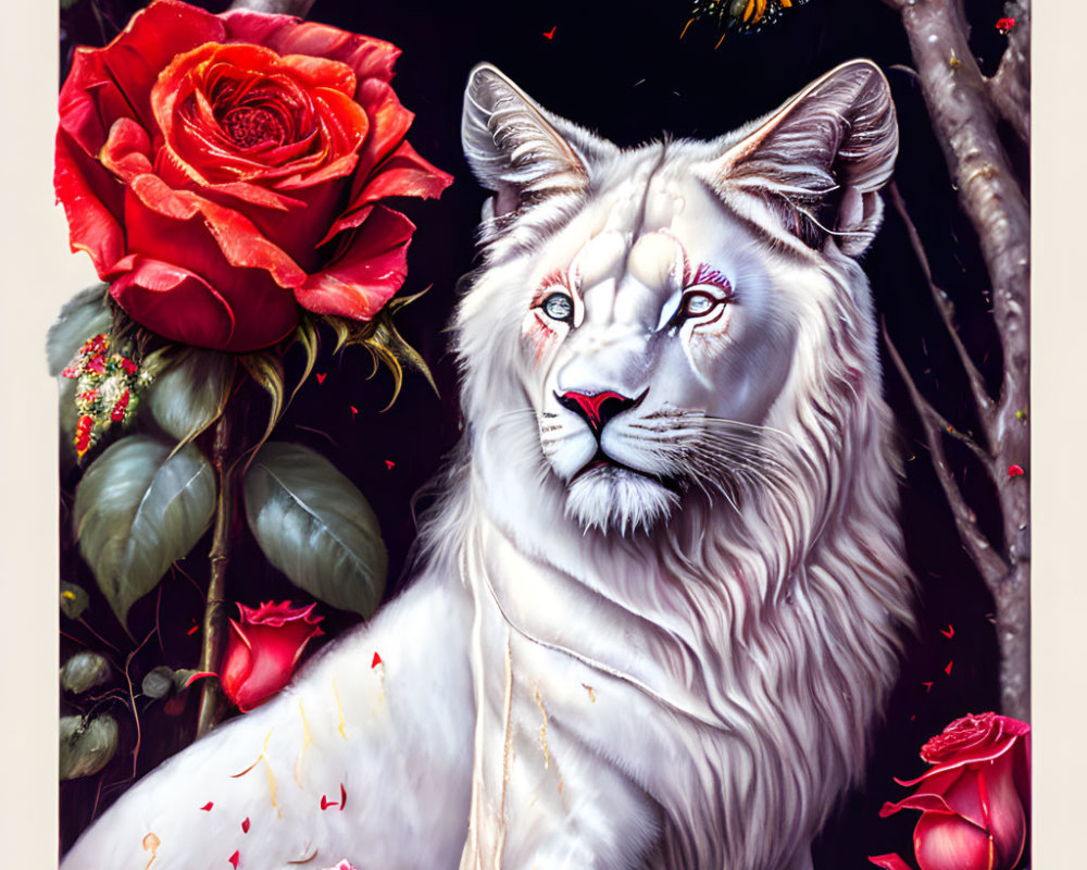 White Tiger with Pink Eyes, Golden Necklace, Red Roses, and Butterfly on Branch