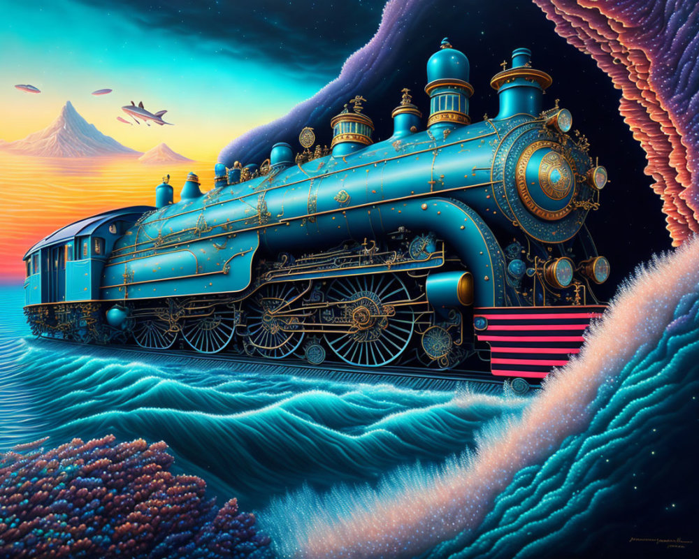 Vintage steam locomotive in surreal landscape with wave-like formations and distant mountain