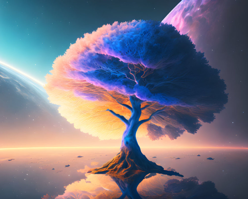 Digital artwork: Colossal tree on alien landscape with planet and nebula-filled sky