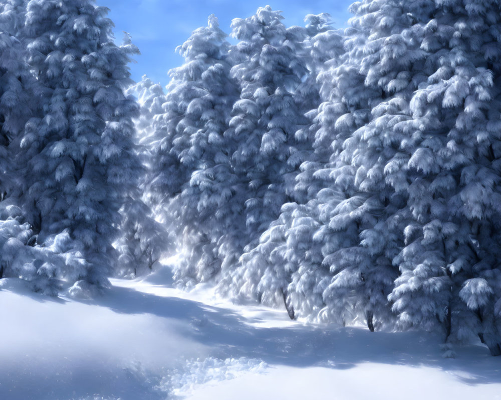 Snow-covered pine trees in serene wintry landscape