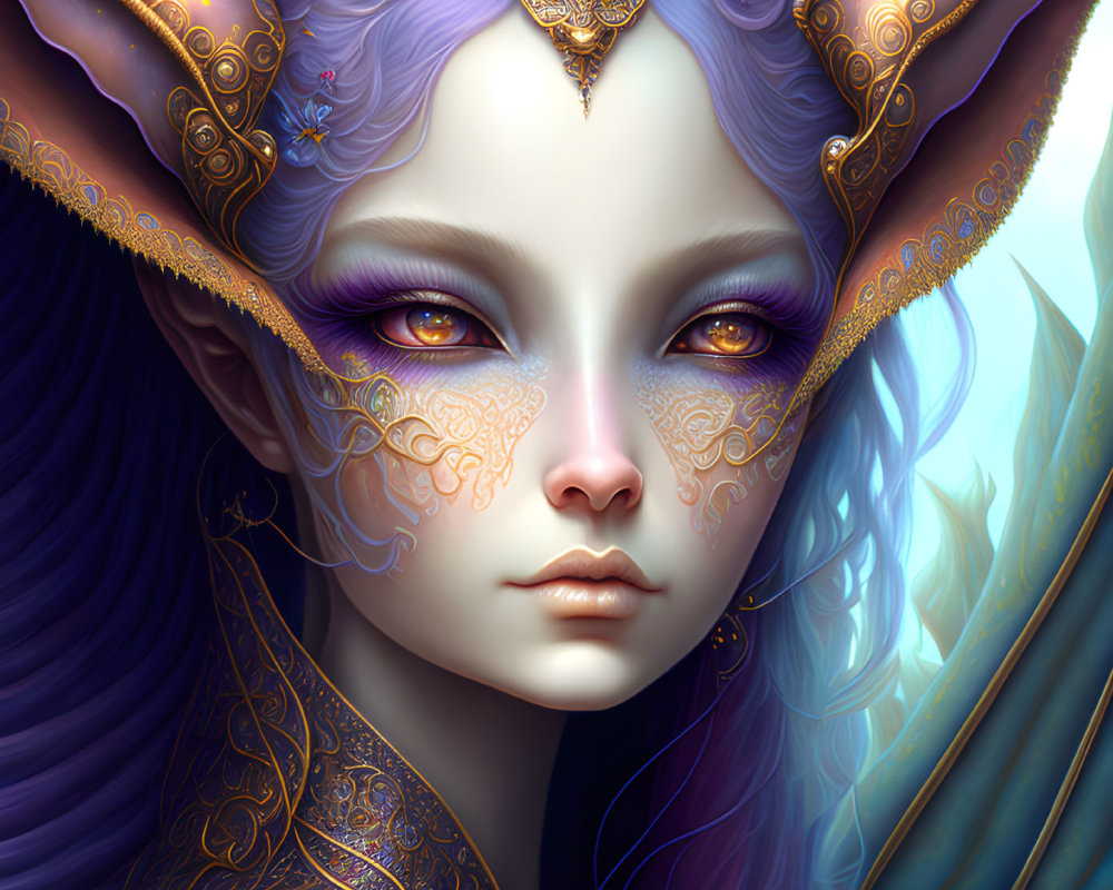 Fantasy character with purple hair, gold-trimmed ears, and mystical mask.