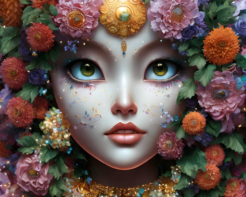 Colorful Floral Digital Artwork Featuring Expressive Green Eyes