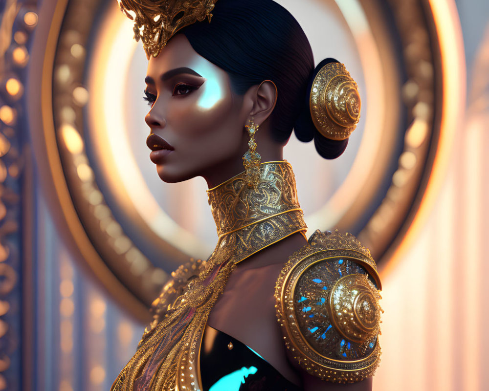 Regal Female Figure in Gold Armor and Crown on Golden Background
