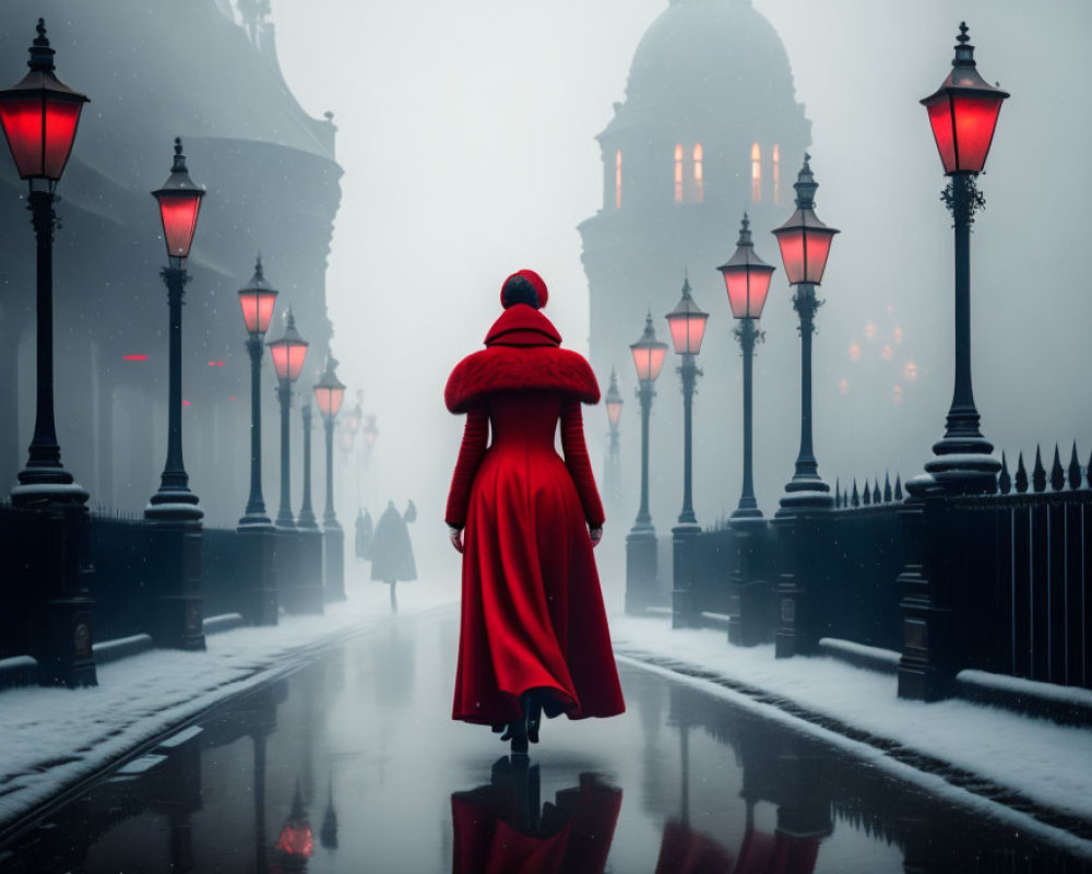 Person in Red Coat Walking Between Glowing Lampposts in Snowy Setting