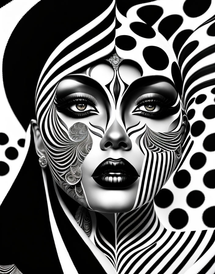 Monochrome portrait of a woman with intricate patterns and swirls