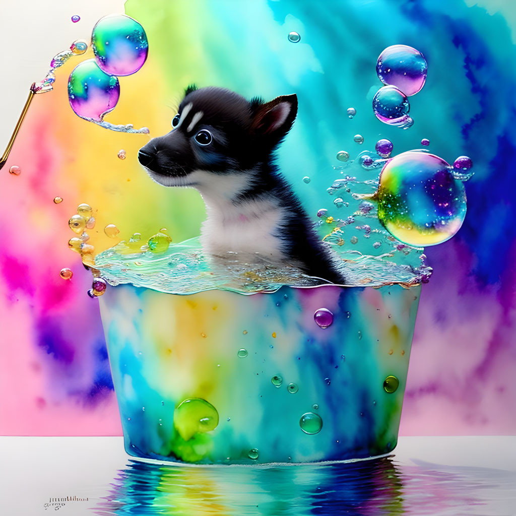 Black and White Puppy in Colorful Bucket with Soap Bubbles