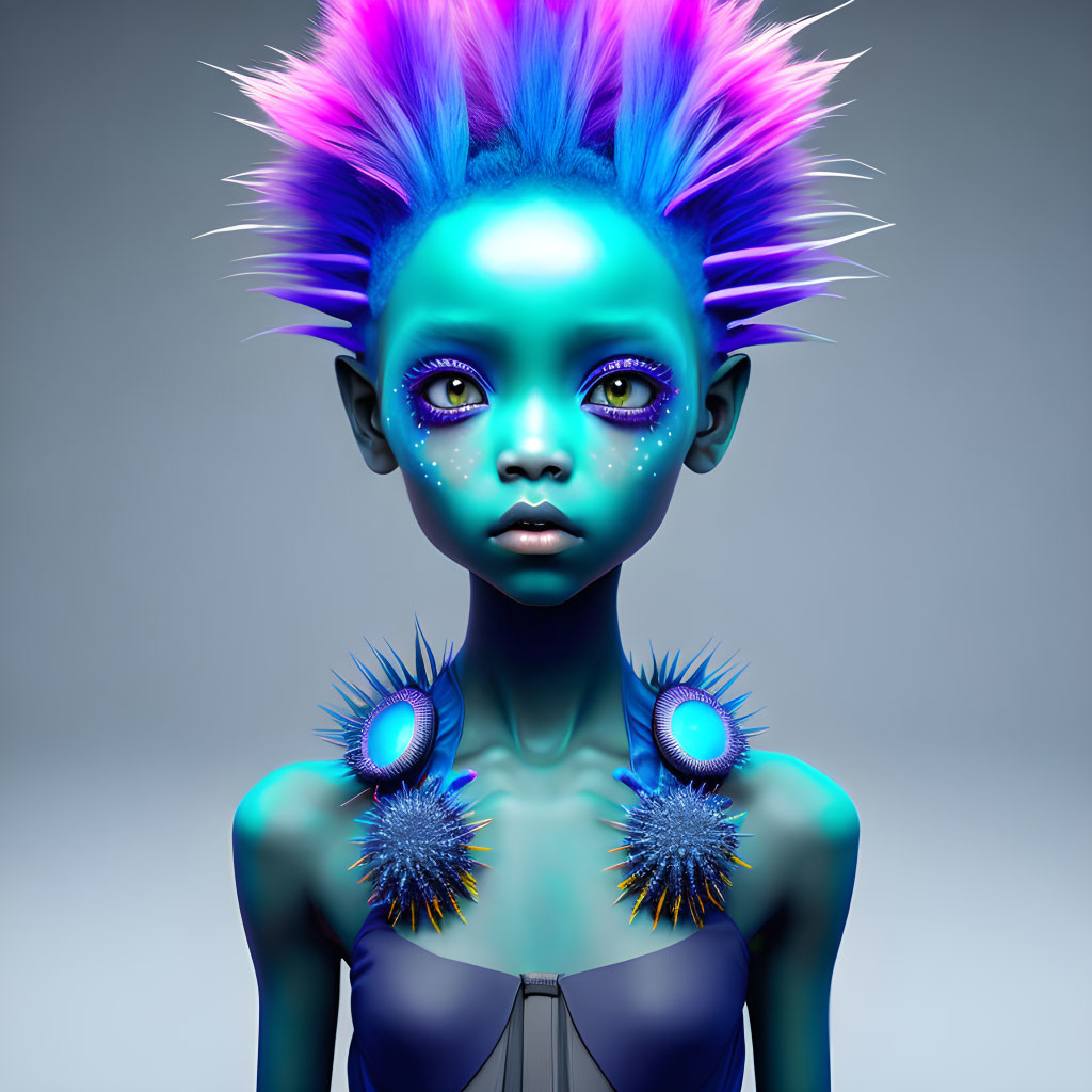 Unique digital artwork featuring otherworldly creature with blue skin, vibrant hair, futuristic jewelry, and intense