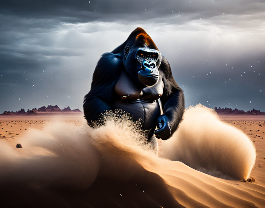 Gorilla running in desert at twilight with mountains