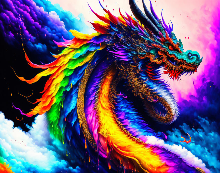 Colorful mythical dragon with vibrant feathers and scales on a dynamic background