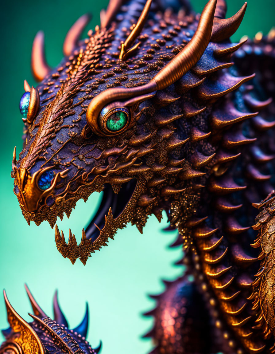 Detailed Dragon Sculpture with Intricate Scales and Blue Eyes on Green Background