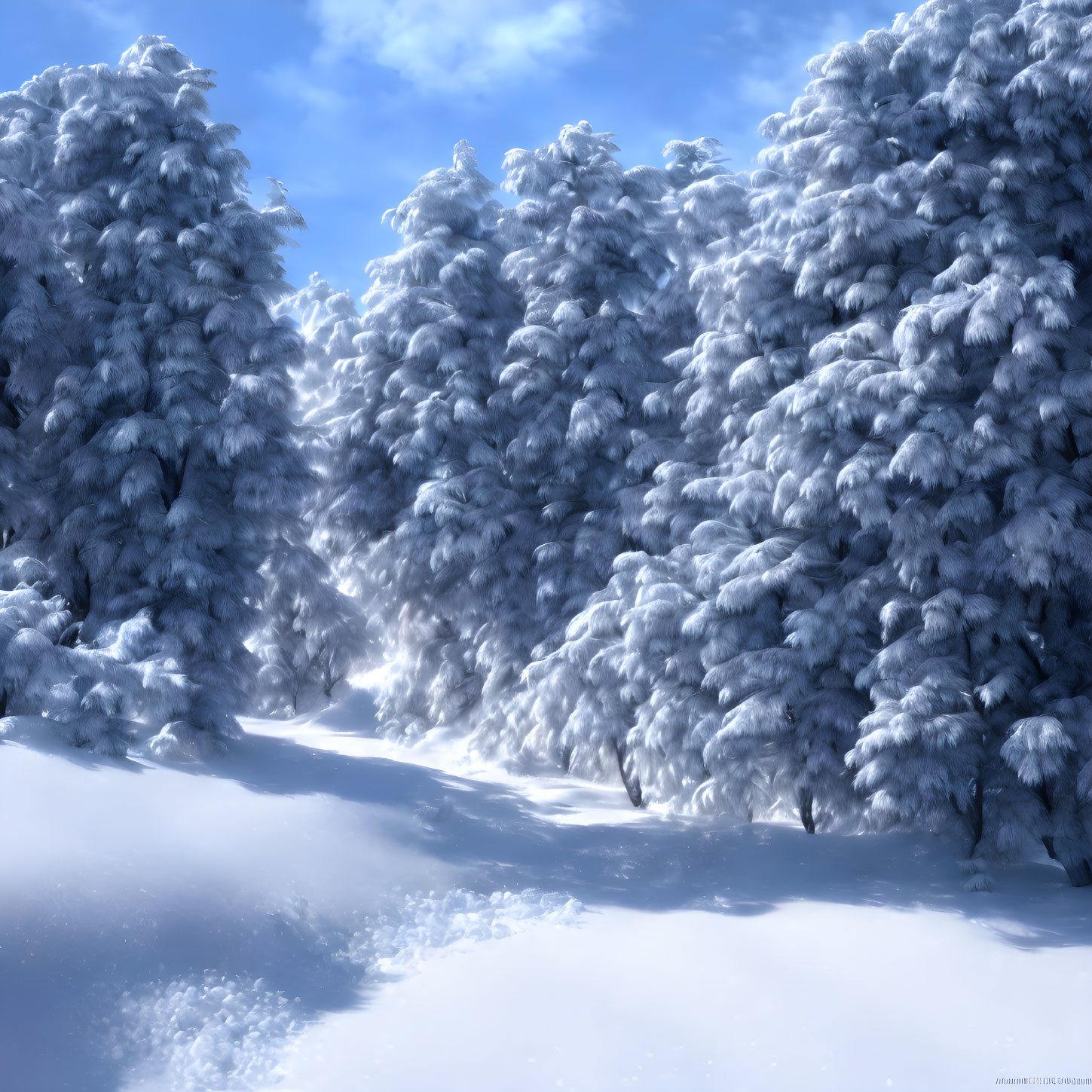 Snow-covered pine trees in serene wintry landscape